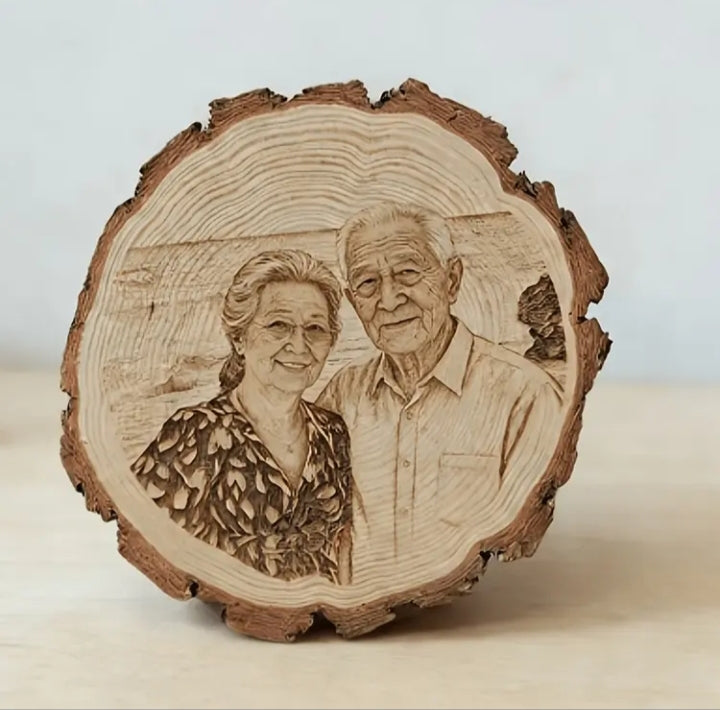 Personalized Wood Slice Photo Engraving | Custom Couple Portrait on Natural Wood | Anniversary, Wedding & Memorial Gift