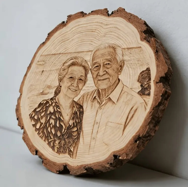 Personalized Wood Slice Photo Engraving | Custom Couple Portrait on Natural Wood | Anniversary, Wedding & Memorial Gift