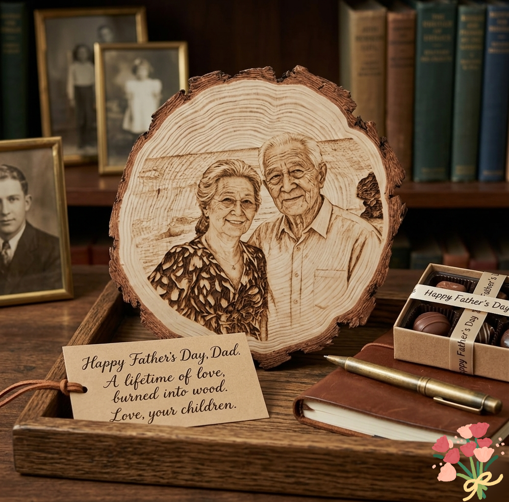 Personalized Wood Slice Photo Engraving | Custom Couple Portrait on Natural Wood | Anniversary, Wedding & Memorial Gift