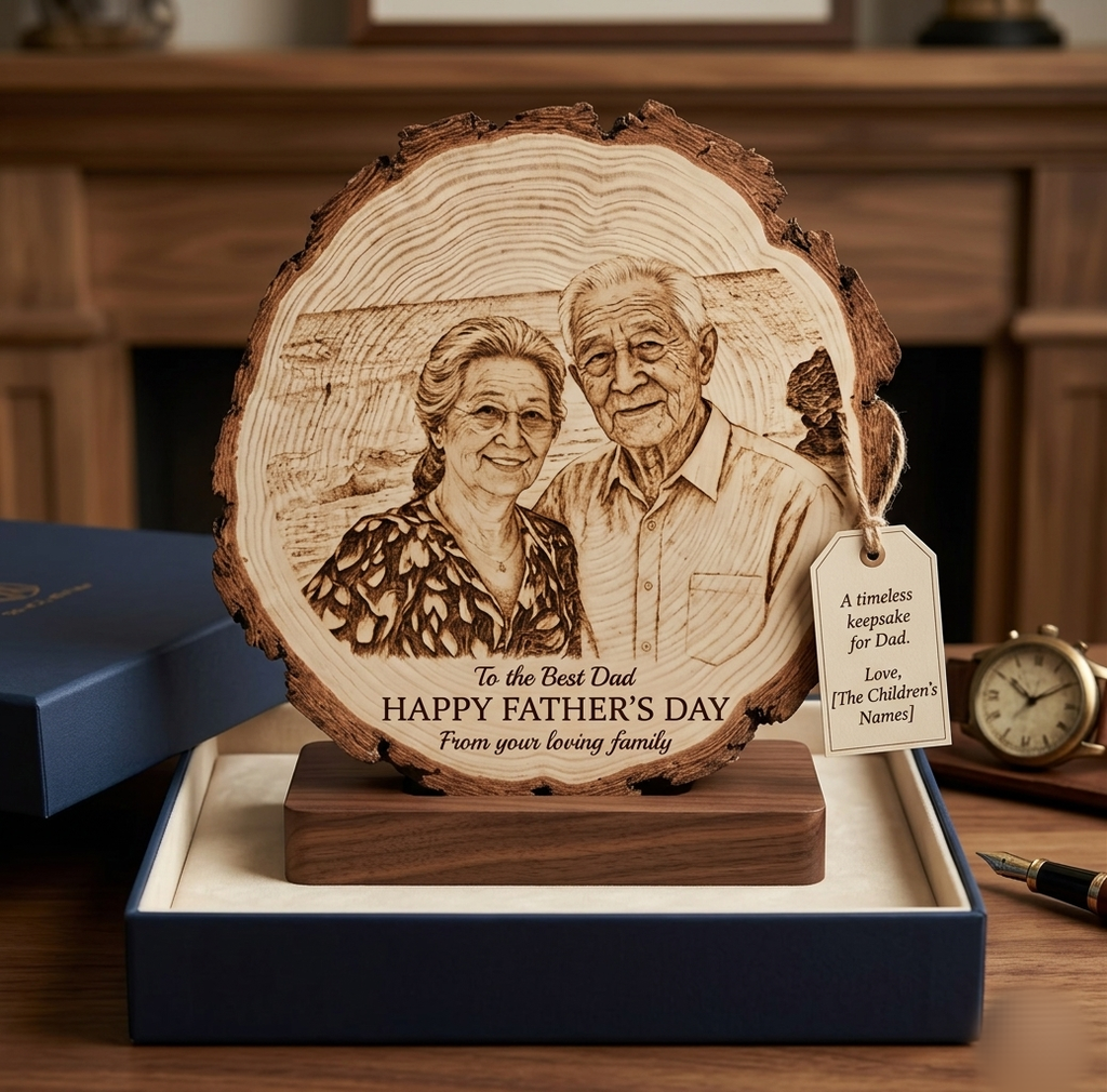 Personalized Wood Slice Photo Engraving | Custom Couple Portrait on Natural Wood | Anniversary, Wedding & Memorial Gift