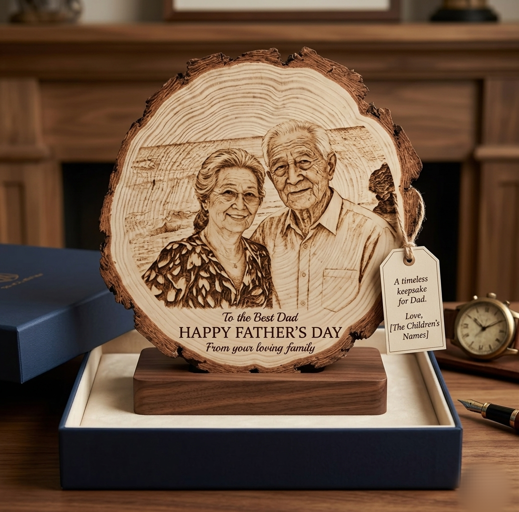 Personalized Wood Slice Photo Engraving | Custom Couple Portrait on Natural Wood | Anniversary, Wedding & Memorial Gift