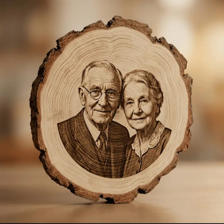 Personalized Wood Slice Photo Engraving | Custom Couple Portrait on Natural Wood | Anniversary, Wedding & Memorial Gift