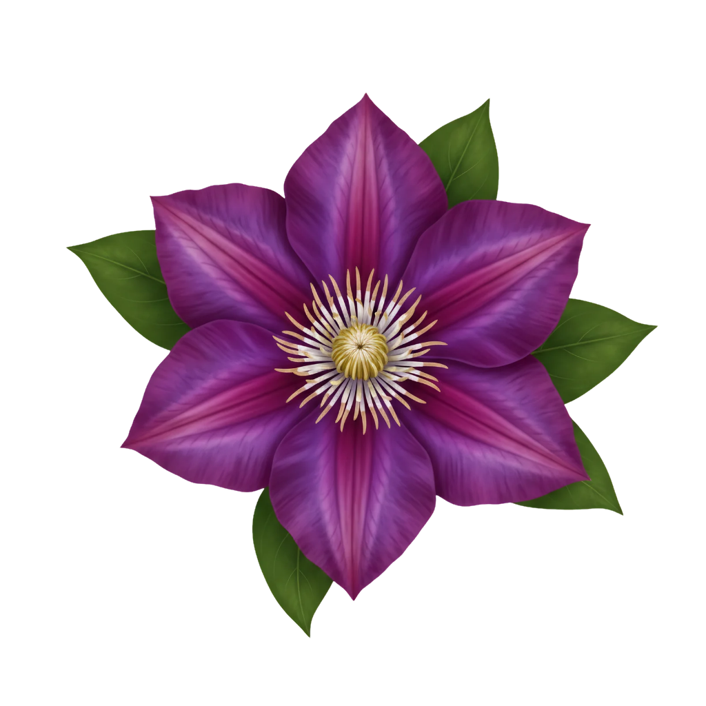 Purple flower with green leaves on a white background