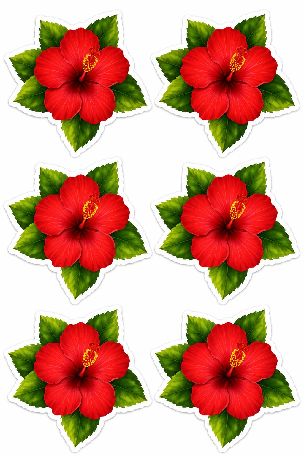 Set of six red hibiscus flowers with green leaves on a white background
