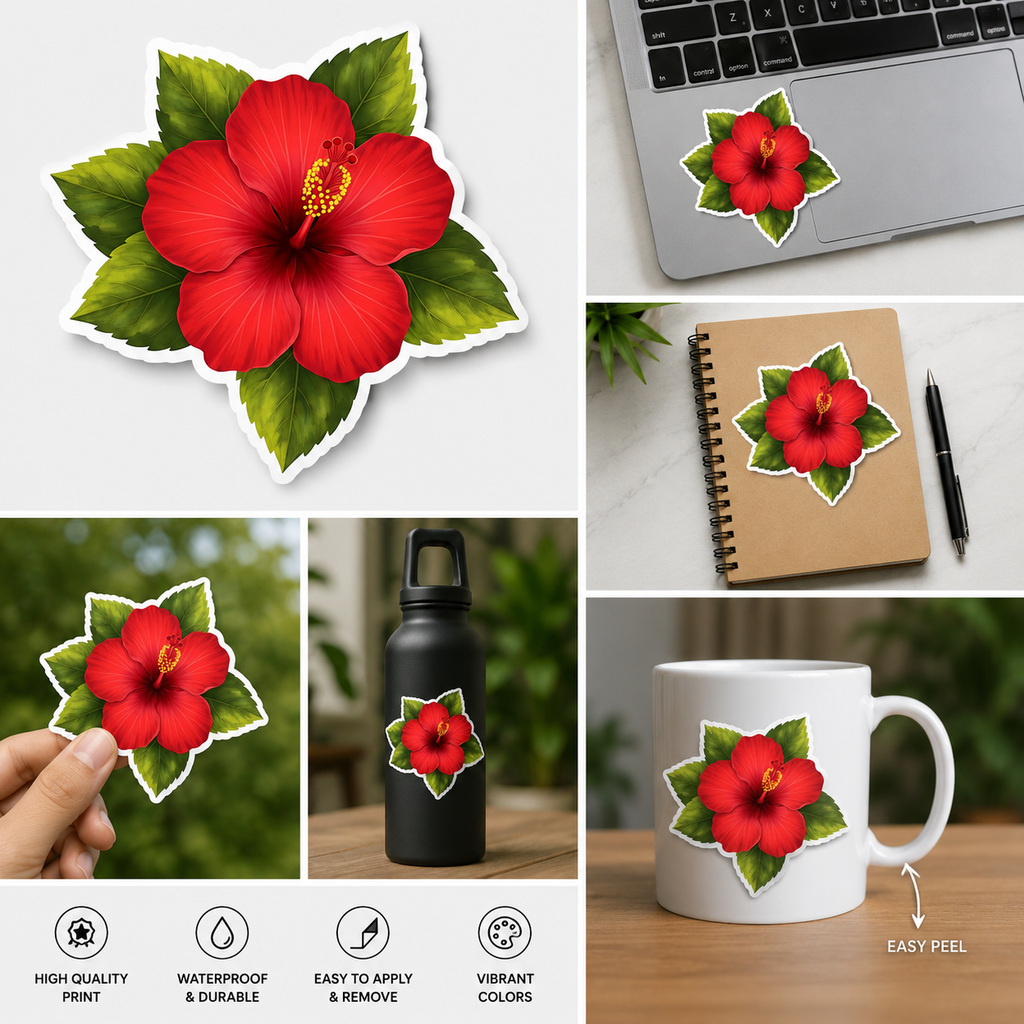 Collage of a red flower sticker applied to various surfaces including a laptop, notebook, and mug.