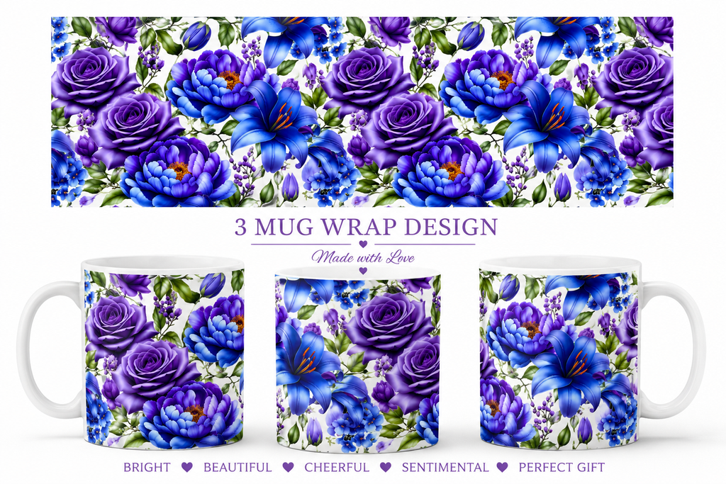 3D Purple Blue Floral Mug Wrap Sublimation Design | 11oz & 15oz | Instant Download