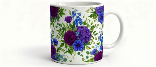 3D Purple Blue Floral Mug Wrap Sublimation Design | 11oz & 15oz | Instant Download