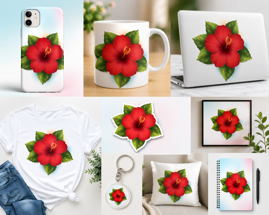 Collage of various products with a red flower design on them.