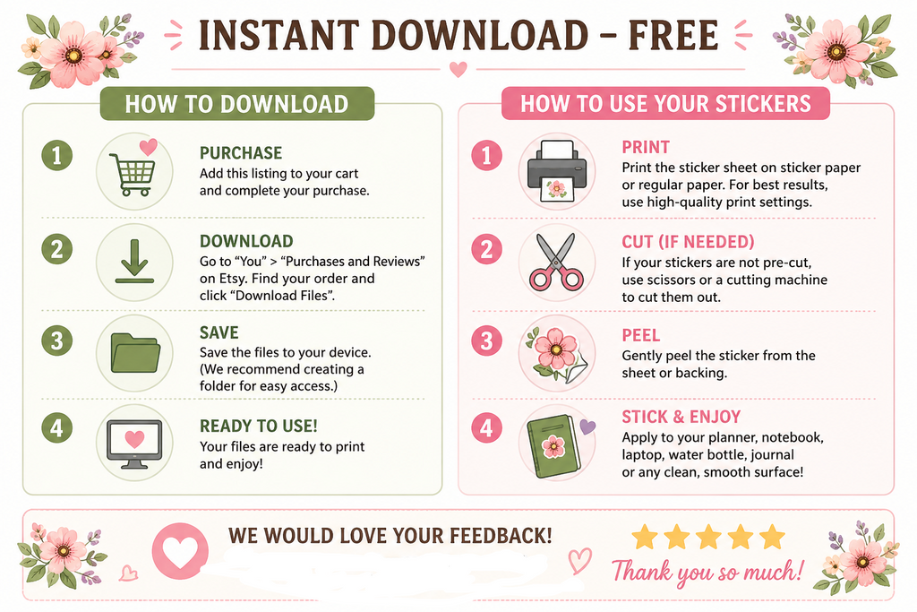 Instructions for downloading and using stickers with floral designs and text.